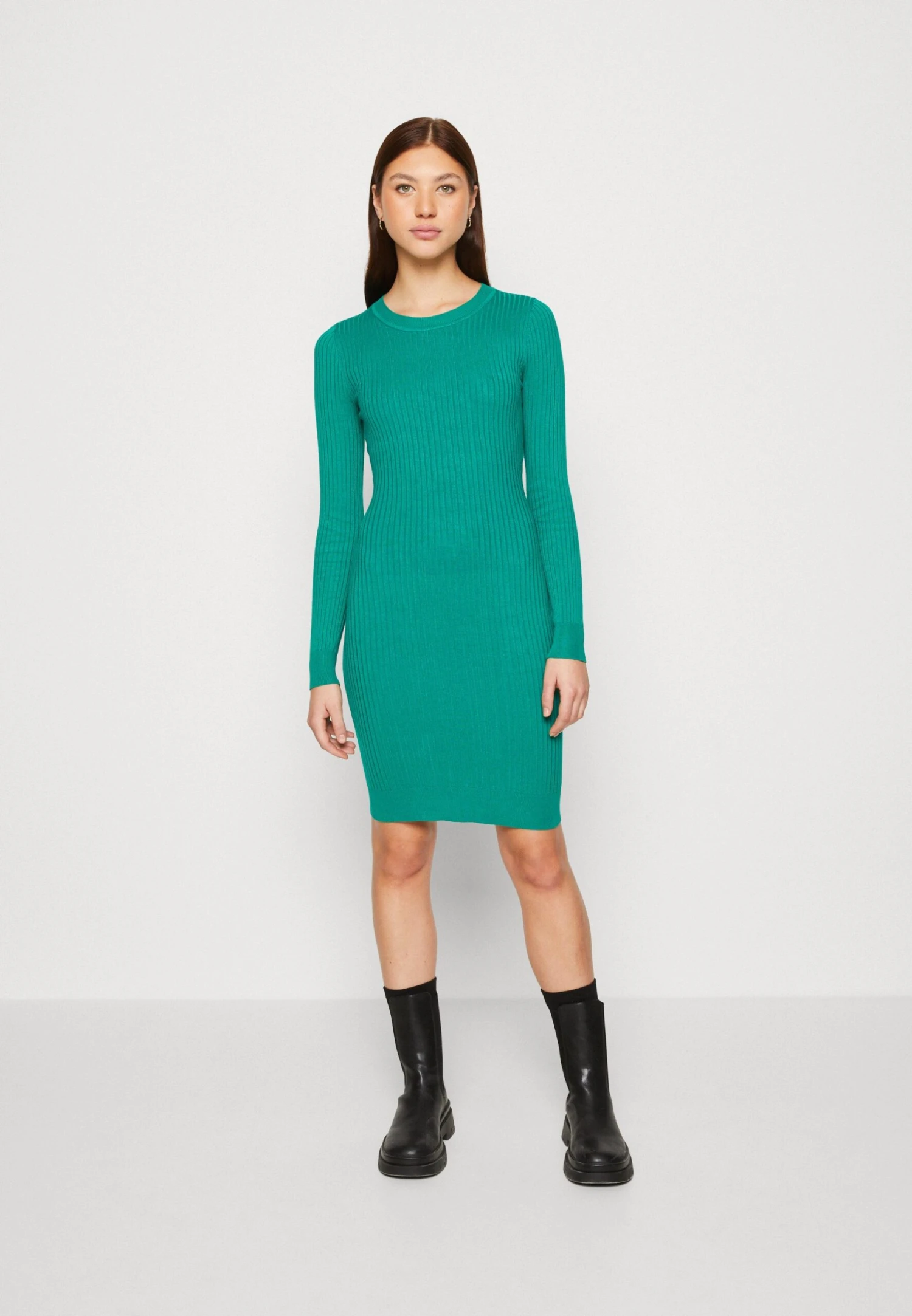 Even&Odd Crew Ausschnitt Ripp Basic Bodycon Mini Strickkleid - Vestido De Tubo - Green