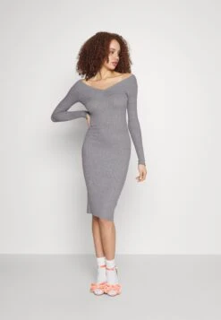 Even&Odd V Ausschnitt Ripp Mini Strickkleid - Vestido De Tubo -Mottled Grey