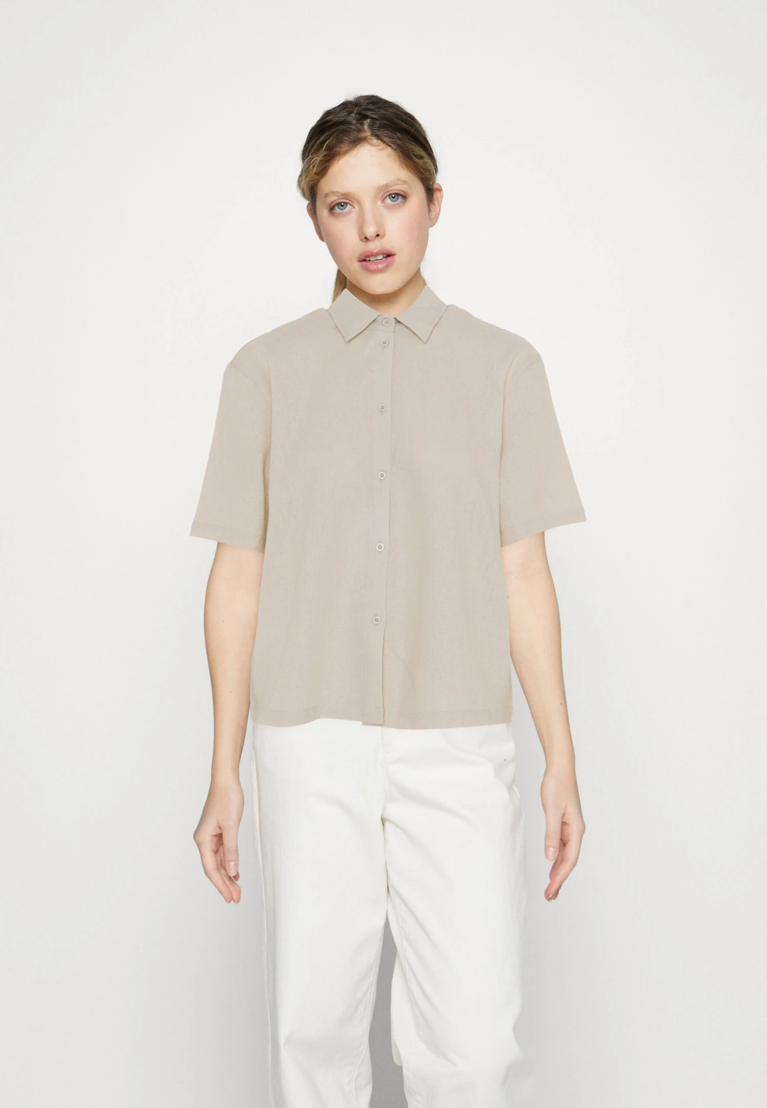 Even&Odd Linen-Mix Button Down Blouse - Camisa - Beige