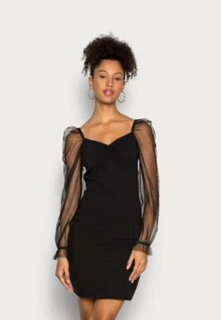 Even&Odd Long Puff Sleeves Rushing Bodycon Dress - Vestido De Cóctel - Black